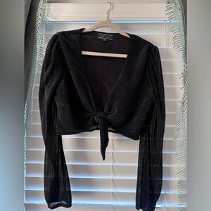 Blue blush crop long sleeve shimmer ribbed blouse